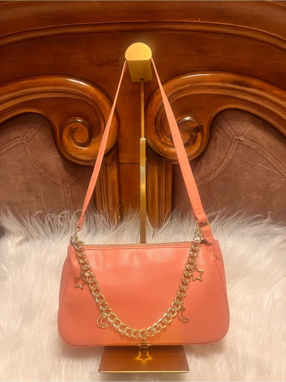 wild fable Coral Shoulder Bag with Gold Star & Moon Charm Chain